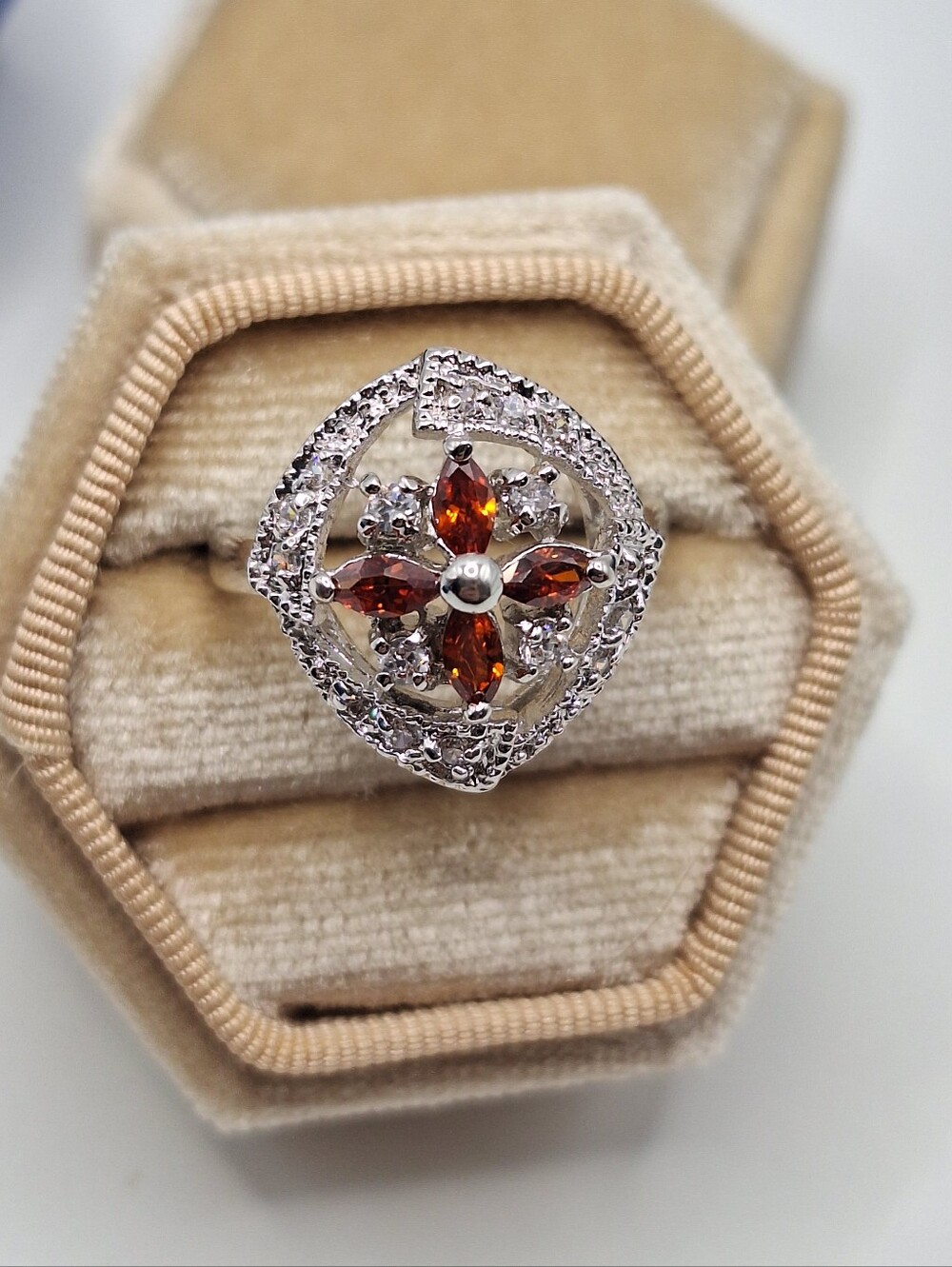 Swarovski Burnt Orange Floral Halo Ring – Size 8 – NWT